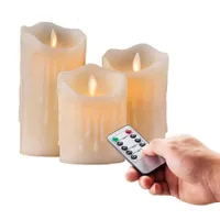 set of 3 Flickering Flameless Pillar LED Candle Remote controlled timer Moving Dancing wick melted edge Wedding Xmas Party-Amber SH190924