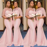 Blush Pink African Nigerian Mermaid Bridesmaid Dresses with Sleeve 2021 Sheer Lace Neck Plus Size Maid of Honor Wedding Guest Gown