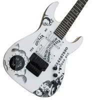 2022 Nueva guitarra superior, Gyesp-0002 Patrón de personalidad de color blanco, cuerpo sólido, hardware negro, Kirk Hammett Ouija 6 cuerdas