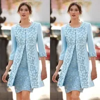 Zarif 2021 Açık Mavi Anne Gelin Dantel Parti Elbiseler Ceket Ile Jewel Boyun Kılıf Çiçek Dantel Saten Kısa Düğün Konuk Elbise