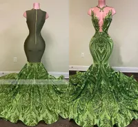 Vestidos de baile de lantejoulas brilhantes 2021 Laço verde sexy profunda profunda o-pescoço mulheres africanas glitter sereia vestidos de festa de noite rouba de soirée