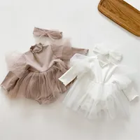 Spring Baby Girls Romper Dress White Tutu Nowo narodzone długi rękaw 1. urodziny niemowlę małego z opaską 2PCS Odzież 2268 v2