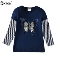Dxton 소녀 티셔츠 겨울 키즈 탑 긴 소매 소녀 티셔츠 나비가 얇은 어린이 옷 스트라이프 면화 소녀 Tshirts 3-8Y 220118