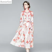 Bunniesfairy 연예인 - 영감을 얻은 여성 우아한 빈티지 모란 꽃 꽃 프린트 Pleated Midi Dress 3 분기 소매 캐주얼 드레스
