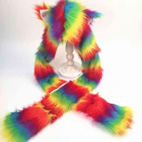 Women Rainbow Stripes Furry Animal Hoodie Hat Fluffy Plush Ears Paws 3 in 1 Multifunctional Earflap Cap Scarf Gloves Earmuff