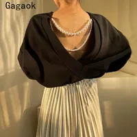 Gagaokの女性2枚セット2021春秋韓国のシックな野生のファッションエレガントな衣装背中の衣装背中のパーカー+ PU MIDIスカート女性のトラックスーツ