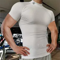 남성용 티셔츠 근육 체육관 높은 목 꽉 피팅 피트니스 스포츠웨어 반팔 탑 야외 Streetwear 캐주얼 패션