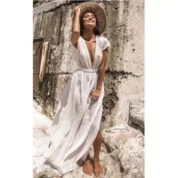 Cover-ups Été Femmes Beach Portez une robe tunique en coton blanc Bikini baignoire Sarong Wrap Jupe Maillot de bain Couvre-maillot de bain d'Ashgaily Women's Maillot de bain
