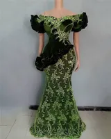 Hunter Green Lace Aso Ebi Suknie Wieczorowe Krótkie Rękawy Puffy Off Ramię Mermaid Kobiety Afryki Plus Size Prom Dresses Aplikacje