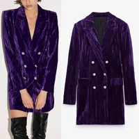 Purple Velvet Blazer Dress Women Za Fashion With Shoulder Pads Long Sleeve Mini Woman Elegant Office Ladies es 210513