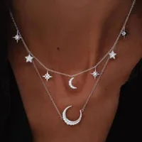Simple Star Moon Diamond Hanger Double Necklace Chains