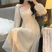 Dorywczo Suknie Koreańska Moda Elegancka Rocznika Sukienka Kobiety Z Długim Rękawem Wieczór Party Lace Design 2021 Jesień Retro Bajka Lady Chic
