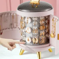 Opbergdozen Bakken Rotary Jewelry Doos Huishoudelijke Oorbellen Ketting Display Stand Hoge Capaciteit Luxe Retro Screen Organizer Case