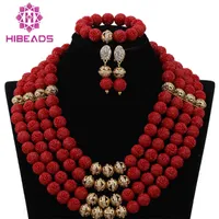 Brincos Colar Luxo Vermelho Red Coral Beads Jóias Jóias 14mm tamanho grande artificial moda nigeriana CNR408