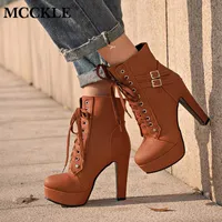Mcckle plus storlek fotled stövlar kvinnor plattform höga klackar kvinnlig spets upp kvinnor skor spänne kvinna kort boot damer skor