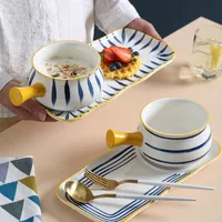 Bol de petit-déjeuner et assiettes Ensemble de vaisselle créatrice japonaise Céramique avec poignée Plaques de dîner de ménage Plats
