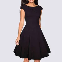 Women Brief Style Casual Dresses Wiggle A-line Summer Elegant Ruched Draped Party Swing Black Dress Vestidos With Pleated Ha067