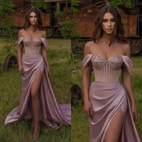 Off The Shoulder Satin Dusty Pink Split Mermaid Evening Dresses Sexy 2022 Prom Gowns BC10344