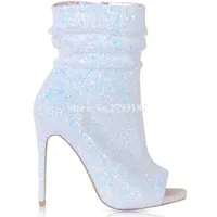 Botlar Bling Kadın Moda Peep Toe Puined Stiletto Topuk Kısa Pembe Beyaz Parlayan Ayak Bileği Gelinlik Ayakkabı Ayakkabı Ayakkabı