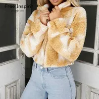 女性の毛皮のフェイク無料のIspirit到着カジュアルなハイトストリートトップマッチの女性の子羊のジッパー段階的な色暖かい厚い冬のショートコート