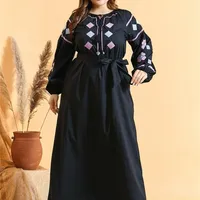 プラスサイズの女性のための服のための黒人の幾何学的刺繍マキシドレス快適な長袖アラビアのイスラム教徒の服210517