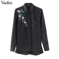 Women retro flower embroidery striped blouse long sleeve black shirts turn down collar brand ladies tops blusas LT1511