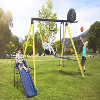 ABD Stok 5 1 Açık Tedava Swing Set Backdyard, Bahçesi Çelik Çerçeve Silge Playset Çocuklar için Tahterevalli Basketbol Hoop289o