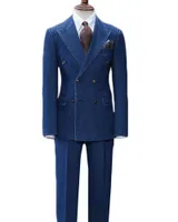 Herrenanzüge Blazer 2PC Demin Oxford Männer Anzug Blau gut aussehende doppelt gebastete maßgeschneiderte gelegentliche moderne Jacke Hose Peaked Revers Blazer Tro