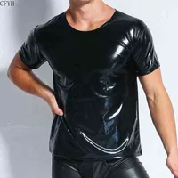 Cool Men PU imitacja Faux Leather Koszulki Hot Sexy Club Dance Scena Scena Wear Light Man T-shirt Tops Tees Undershirt W220217