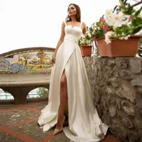 Bohemia Satin Suknie Ślubne Proste Sexy Wysokie Split Beach Bride Suknia Gorset Princess Wedding Party Dress 2021 Vestido de Noiva