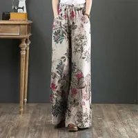잔지아 여성 넓은 다리 바지 보헤미안 꽃 인쇄 탄성 허리 바지 긴 Pantalon Plus 크기 순무 Palazzo Streetwear 7 X0713