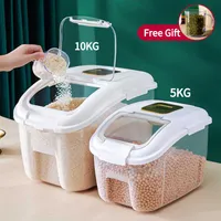 Botellas de almacenamiento JARS 20kg Cocina Contenedor Insecto a prueba de humedad Caja de arroz a prueba de humedad con ruedas Cereales sellados Cubo Cubo Cat Cat Food