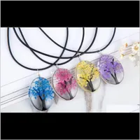 Design Dried Flowers Plant Specimens Tree Of Life Necklace For Women With Leather Rope Chain Fashion Oval Glass Jewelry Choker Yz7W Ne Xl8Cb