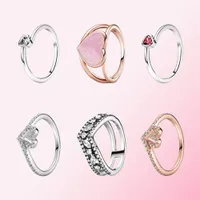 2022 Valentijnsdag 925 zilver met zijstenen kleuren roze swirl hartverklaring Wens mousserende wishbone gekanteld hart solitaire ring