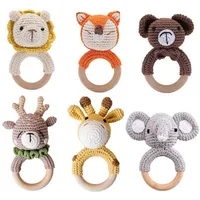 5pc детские погремучные игрушки Cartton Animal Crochet Деревянные кольца DIY DIY ремесла для прорезывания зубов amigurumi для детской кроватки висят игрушку 211029