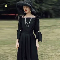 Victorian Vintage Elegante Slash Collar Bluses Top A Line Saias Mulheres Conjuntos De Moda Retro Vestido Preto Set 2 Pcs Outfit 210513