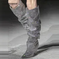 Boots VIISENANTIN Top Sexy Full Rhinestone Lady Long Bright Crystal Strange Heel Over The Knee Bootie Runway T-show Bota Pointy