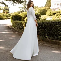 Sexy Beach Wedding Dresses 2022 Modest Satin Chiffon Long Sleeves Simple Lace Boho Bridal Gown Vestido De Noiva