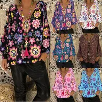Kvinnors Blusar Shirts Casual Summer Womens Ladies Floral Blouse Long Puff Sleeve V-Neck Kvinnor Kläder Blommor Pullover Toppar Plus Size M-X
