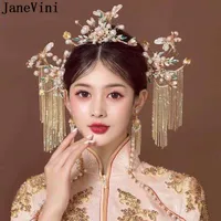 Janevini Festzug Catwalk Frauen Haarbänder Luxus goldene Dragonfly Perlen Brauthaarstangen Pins Chinesische Art Quasten Ohrringe Set Clips Barr
