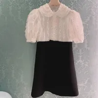 2022 Beyaz Siyah Patchwork Kadın Elbise Tasarımcısı Puf Kollu Peter Pan Yaka Vestidos De Festa Dantel Kristaller Boncuk Milan Pisti Elbise 122103