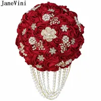 結婚式の花Janevini 22cm Burgundy Bouquet Waterfalls Pearls Rhinestones Bride Satin Roses Ivory Crystal Bridal Nepbloemen