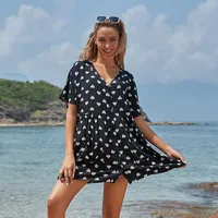 Black Print Love Cover-ups Baumwolle Kaftan Sarong Tunika für Strand Bikini Cover Up Top Bluse Beachwear Badeanzug Damen Badebekleidung