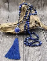 Pave Sodalite Stone Blue Tassel Hänge 8mm Pärlor Knot Handgjorda Halsband Välj 30in eller 40 tum Långa halsband