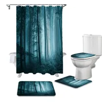 シャワーカーテン青い森林植物森のホラーカーテンセット滑り止めの敷物敷地ふたカバーとバスマット防水バスルーム