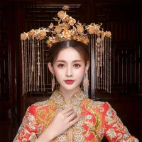 Clipes de cabelo barrettes janevini estilo chinês hiperbólico coroa imperial luxuoso ouro longo borla pérolas bridal headband brincos s