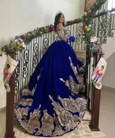 Vintage Vestidos de 15 Anos Royal Blue Quinceanera Klänningar med avtagbara ärmar Guld Lace Appliques Sweet 16 Dress Mexikansk prom klänningar 2022