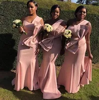 Розовые платья подружки невесты Светаетная длина пола проместителя поезда ручной работы лук шелк атлас свадьба платья свадьбы