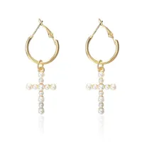 Fashion Women&#039;s Cross Drop Earring White Imitation Pearl Dangle Earrings Gold Statement Bridal Elegant Gift Jewelry