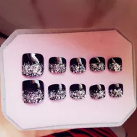 Fałszywe paznokcie 24 sztuk Sztuczny Palec Glitter Silver Black Fake Toenail Francuski Moda Lady Nail Art Wskazówki na stopę